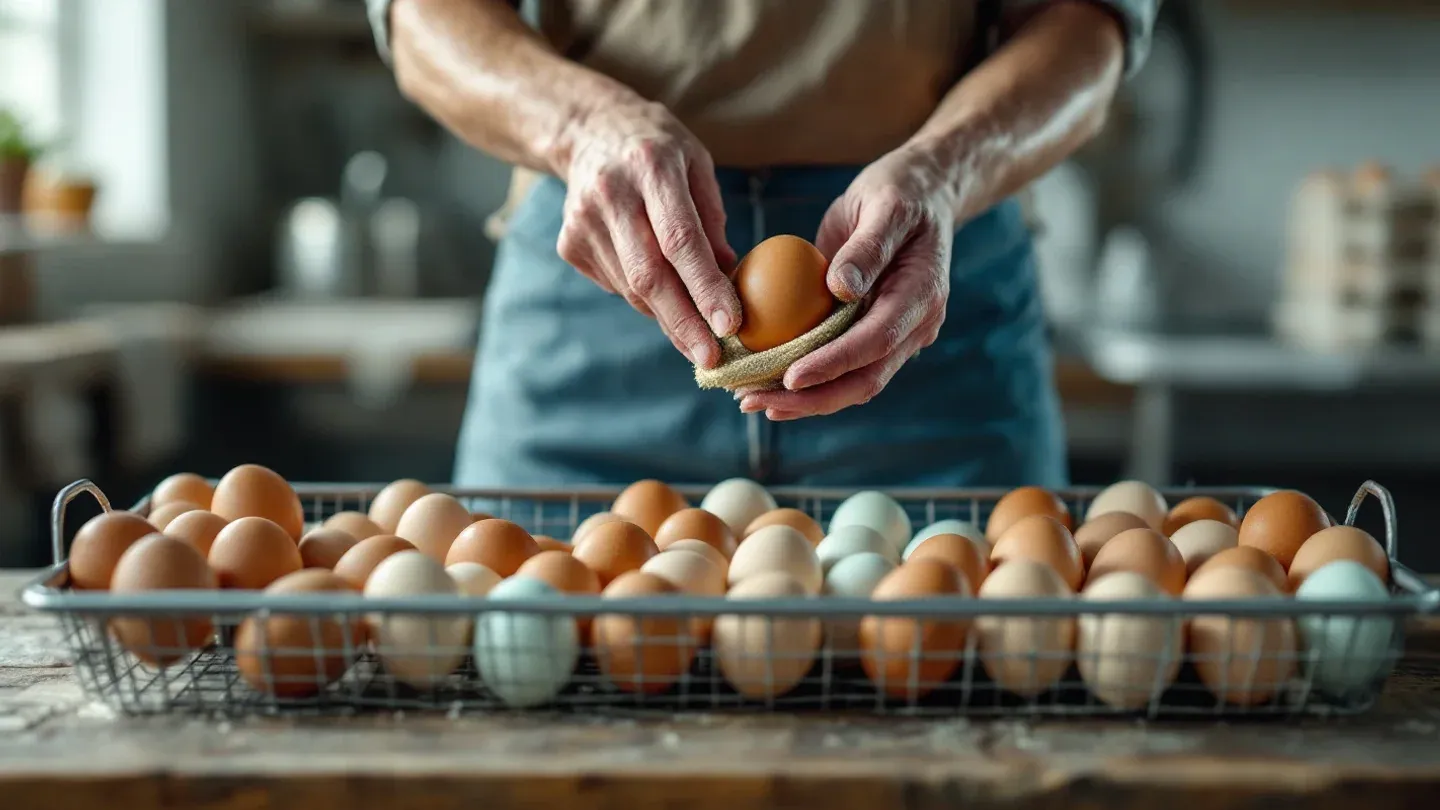 A farmer's hands, seen side-on, brush a fresh brown egg clean with a sponge above a wire basket of brown and blue eggs on a wooden table.