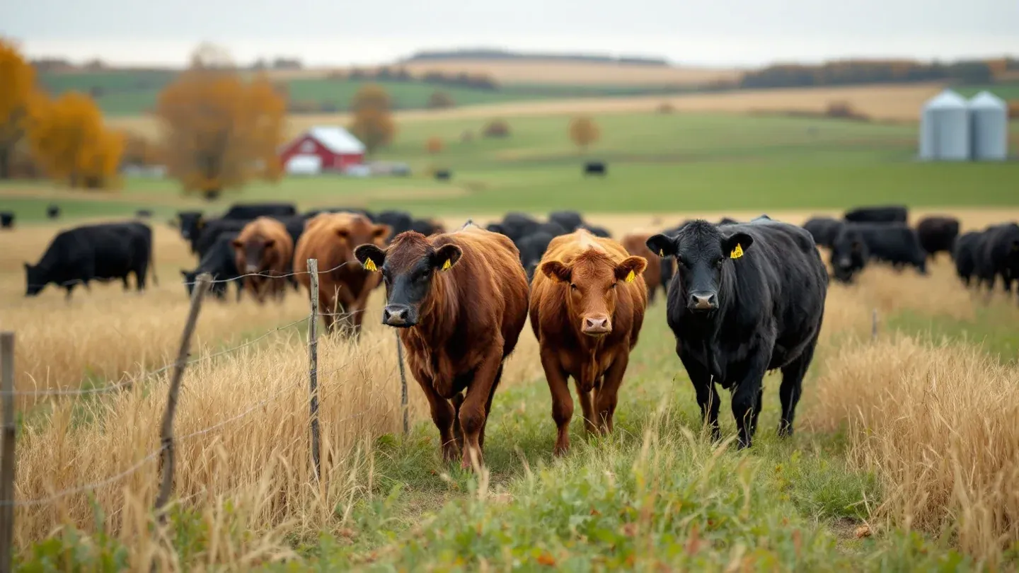 Beef cattle graze green fall regrowth in a stand of intermediate wheatgrass stubble on a Minnesota farm.