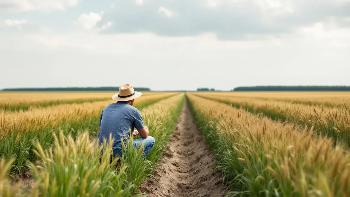 A researcher kneels between rows of perennial grain breeding plots on a central Kansas research farm in early summer.