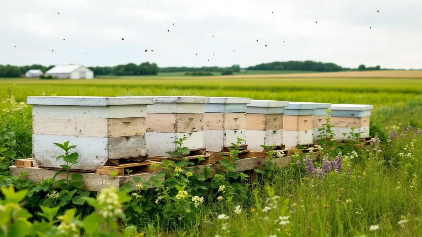 A row of plain wooden beehives sits at the grassy edge of a soybean field in Iowa in midsummer.