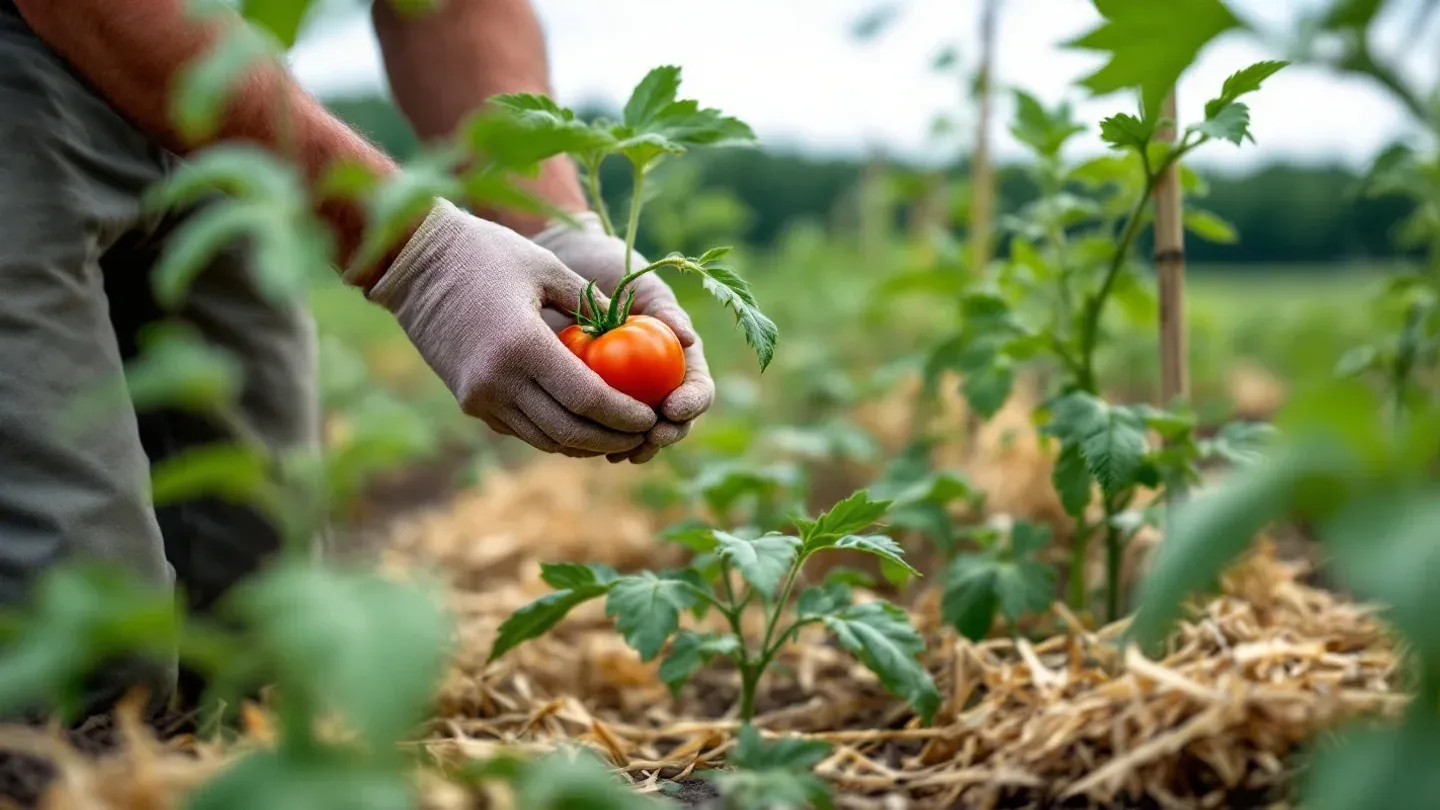 A grower's gloved hand holds a cupped, curled tomato leaf in a row of staked tomatoes on a small Ohio vegetable farm.