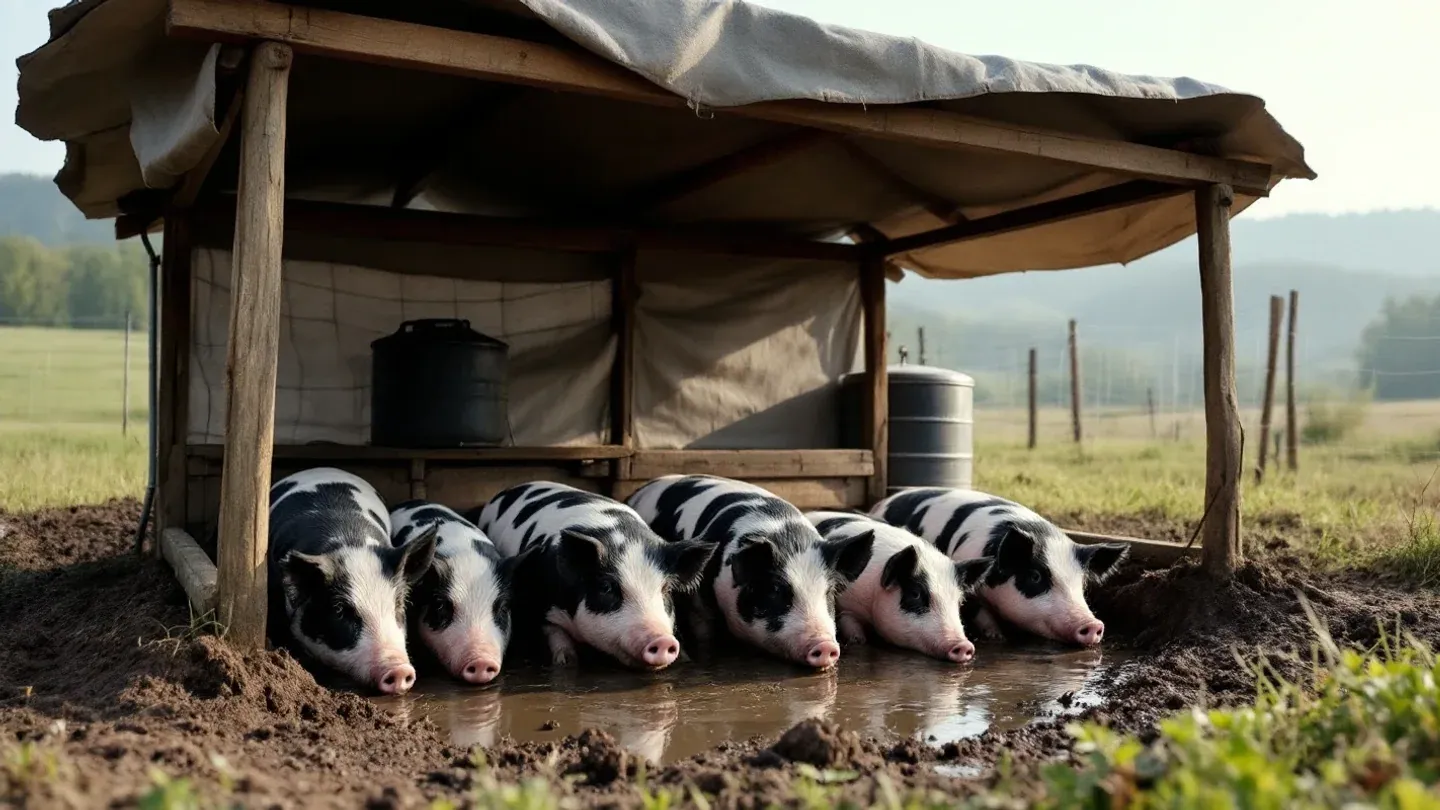 Spotted pigs rest in a muddy wallow under a simple shade frame on a Missouri pasture in summer.
