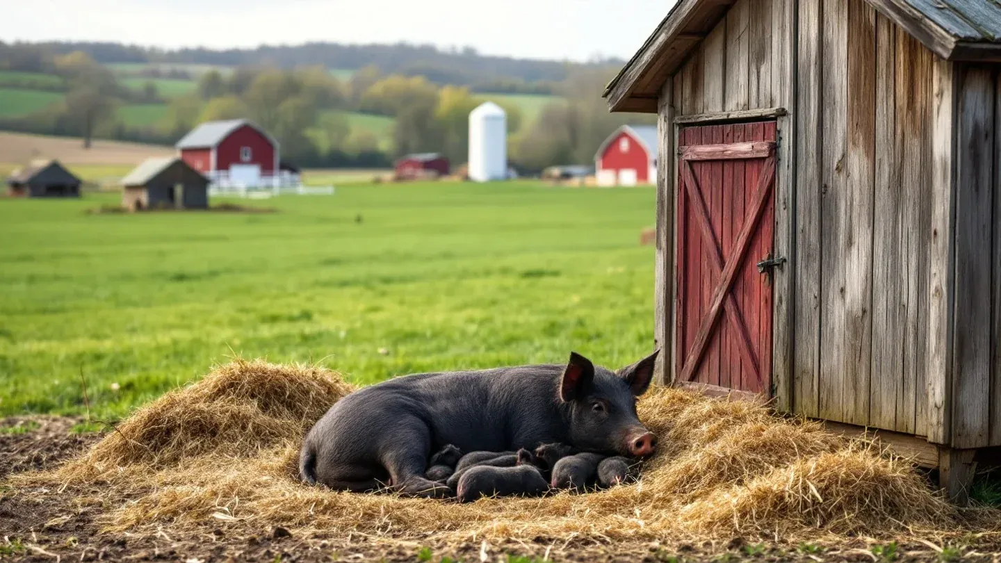 A black sow lies with her young piglets beside a small wooden A-frame farrowing hut on a green spring pasture in Wisconsin.