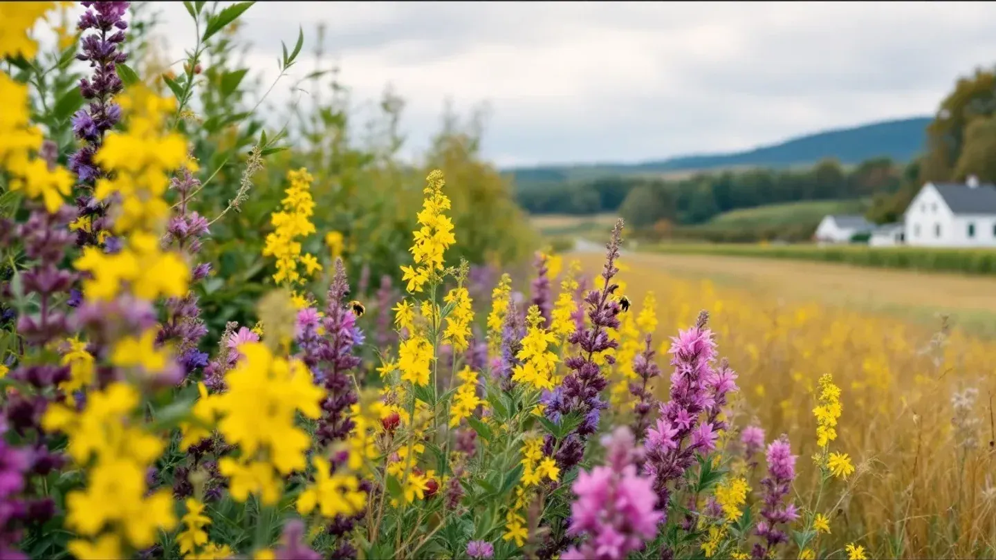 Goldenrod and purple New England aster bloom in a meadow strip beside an apple orchard in Connecticut in late September.