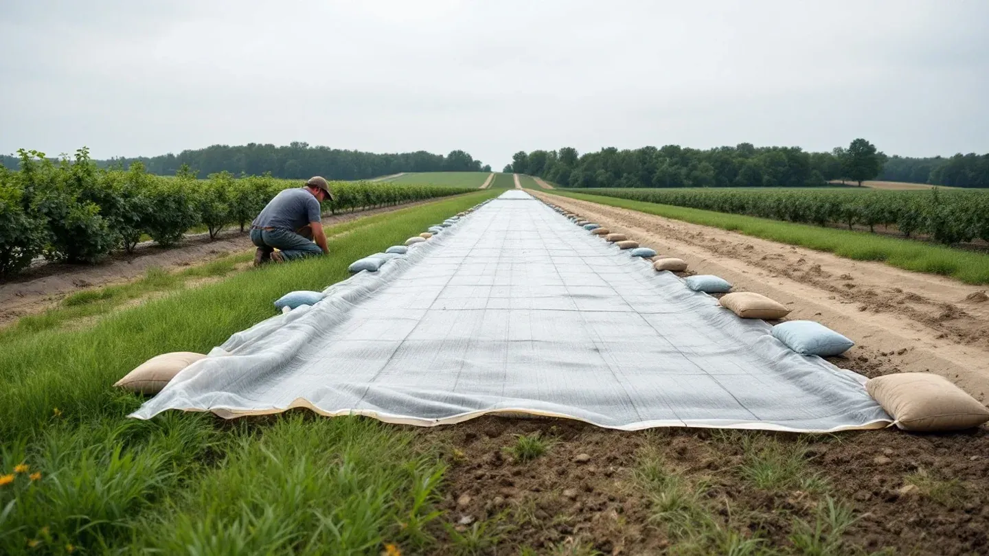 A sheet of clear plastic is stretched over a prepared plot at the edge of a blueberry field in Michigan to solarize the weeds.