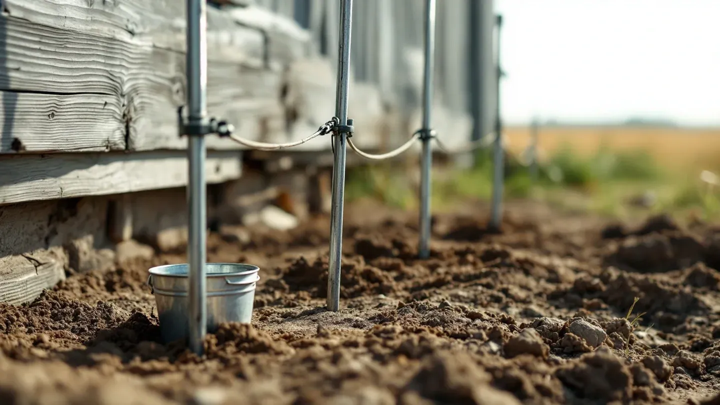 Three galvanized ground rods stand in dry soil along the shaded north side of a wooden barn on a Missouri farm.
