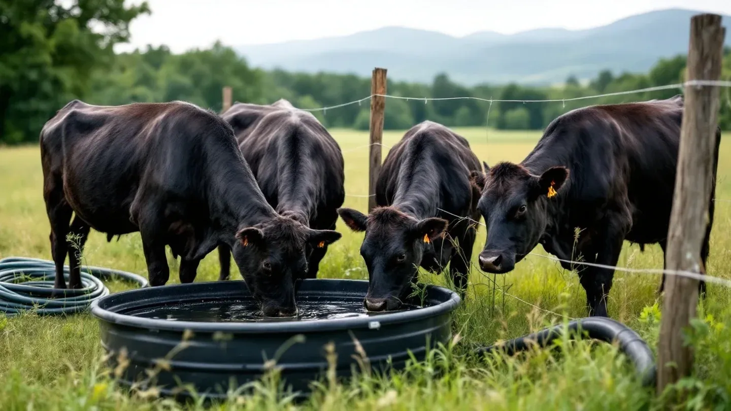 Beef cows drink from a portable round water tub at the edge of a fresh strip of pasture in Virginia's Shenandoah Valley.