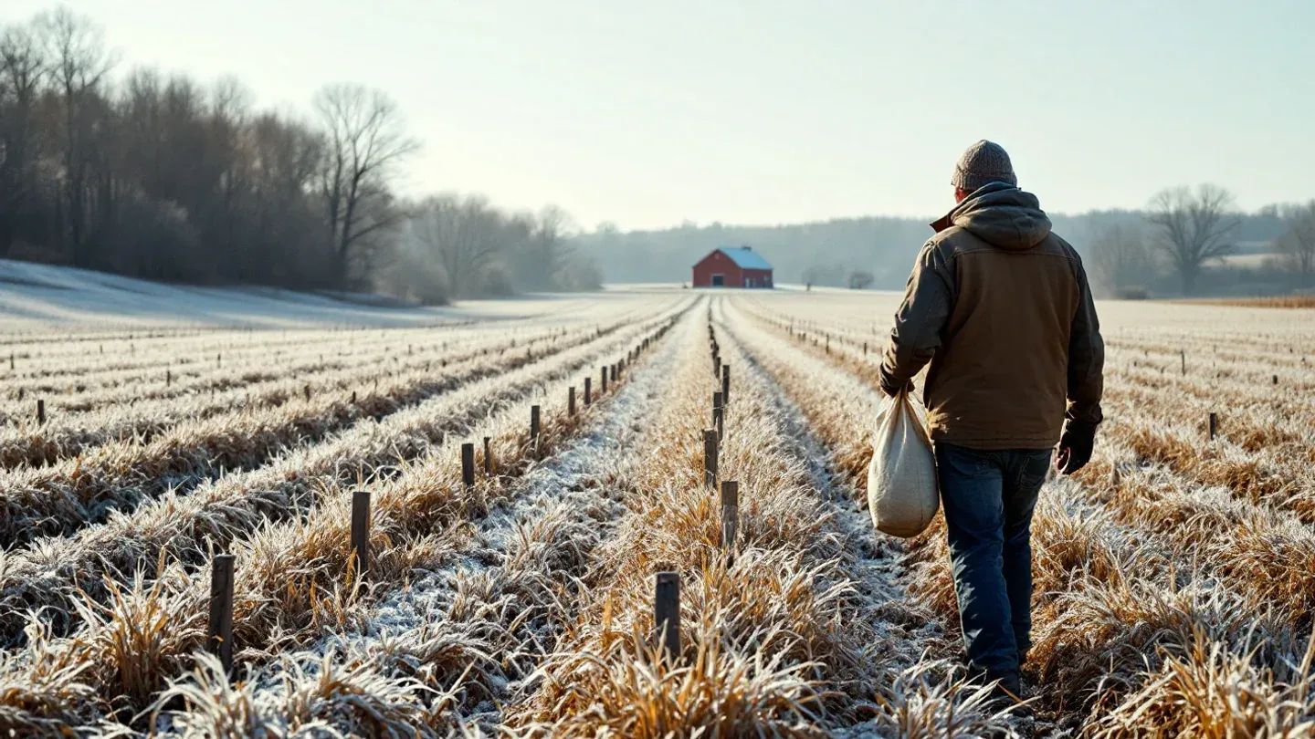 A farmer seen from behind broadcasts native prairie seed by hand over frosted corn stubble on an Iowa slope in late fall.