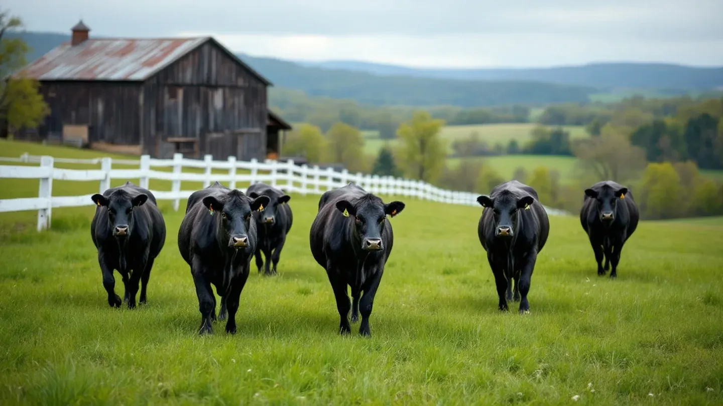 A small group of Angus steers grazes a Kentucky bluegrass pasture beside a white plank fence and a dark tobacco barn.