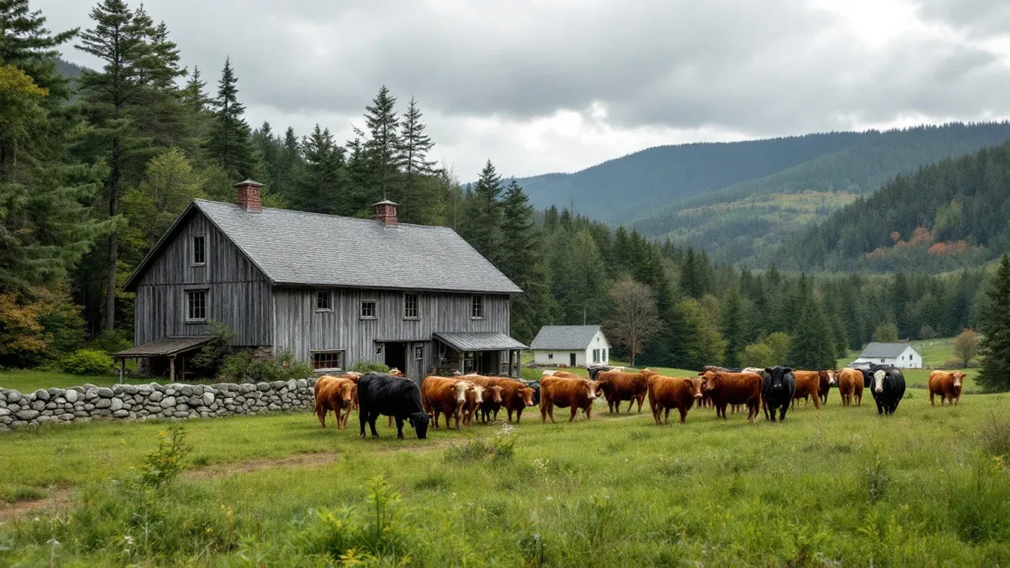 Grass-fed beef cattle graze a hillside pasture on a remote farm in western Maine, with forested hills stretching to the horizon.