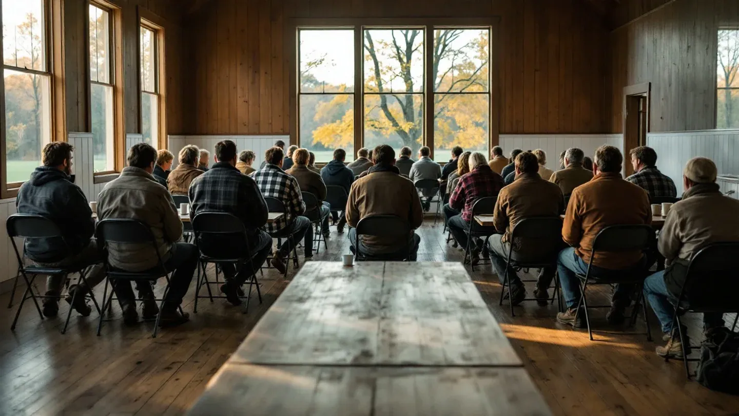 Farmers seen from behind sit on folding chairs in a wooden grange hall in rural Vermont during an evening meeting.