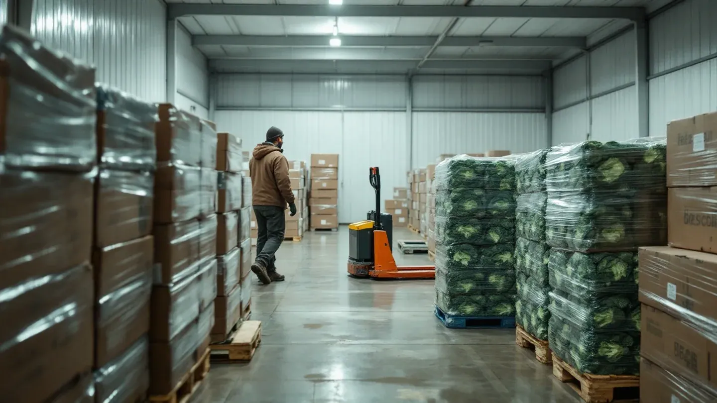 Pallets of identical unmarked produce boxes stand ready on the concrete floor of a shared cooler at a Wisconsin co-op packing shed.