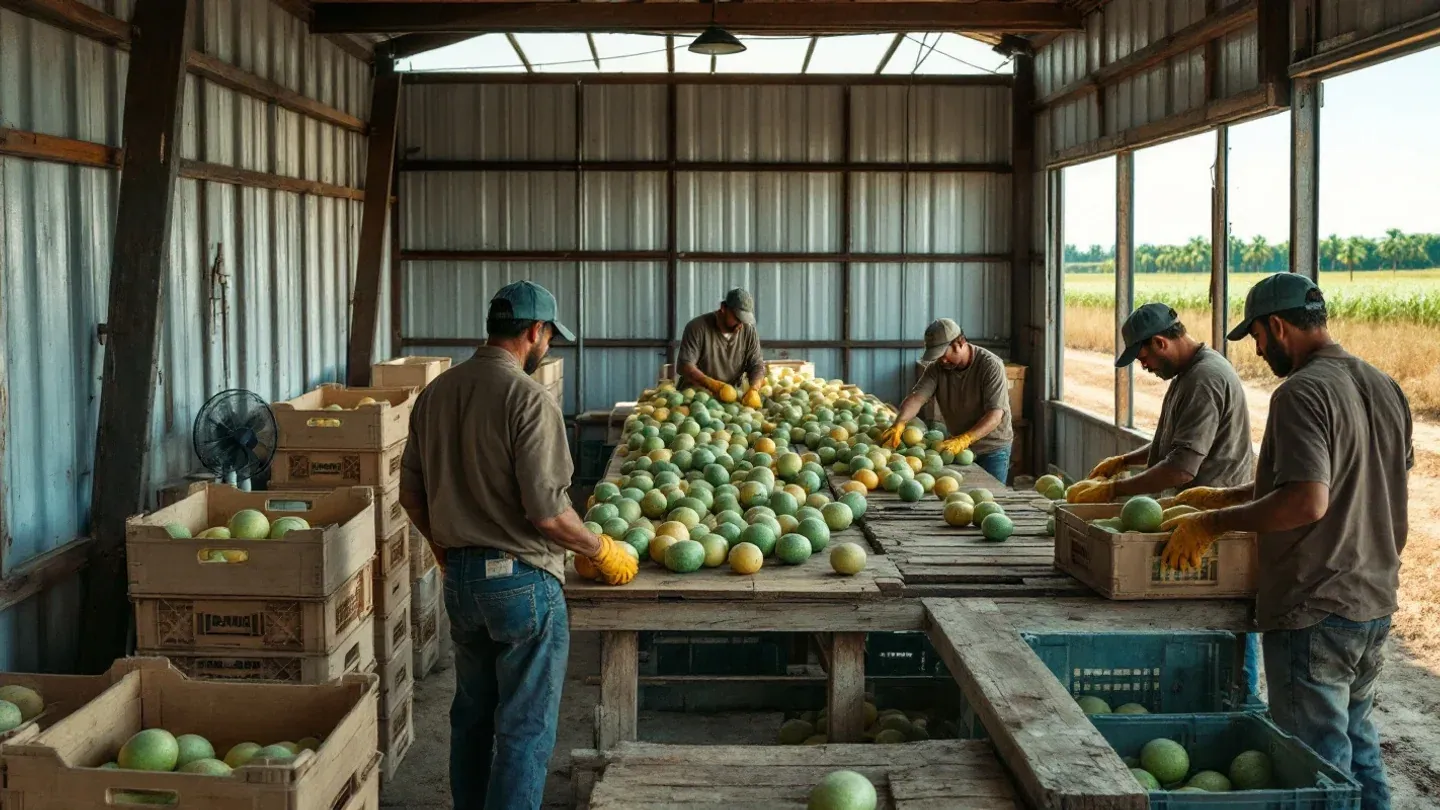 Workers seen from behind sort cantaloupes at a long table inside a shaded open-sided packing shed in the Rio Grande Valley of Texas.