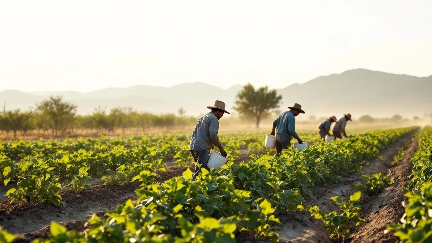 A small crew in long sleeves and wide-brimmed hats harvests green chile in early morning on a farm in southern New Mexico.