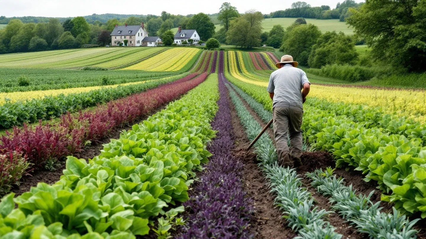 Blocks of vegetables alternate with strips of flowering crimson clover cover crop on a diversified organic farm in southeastern Pennsylvania.