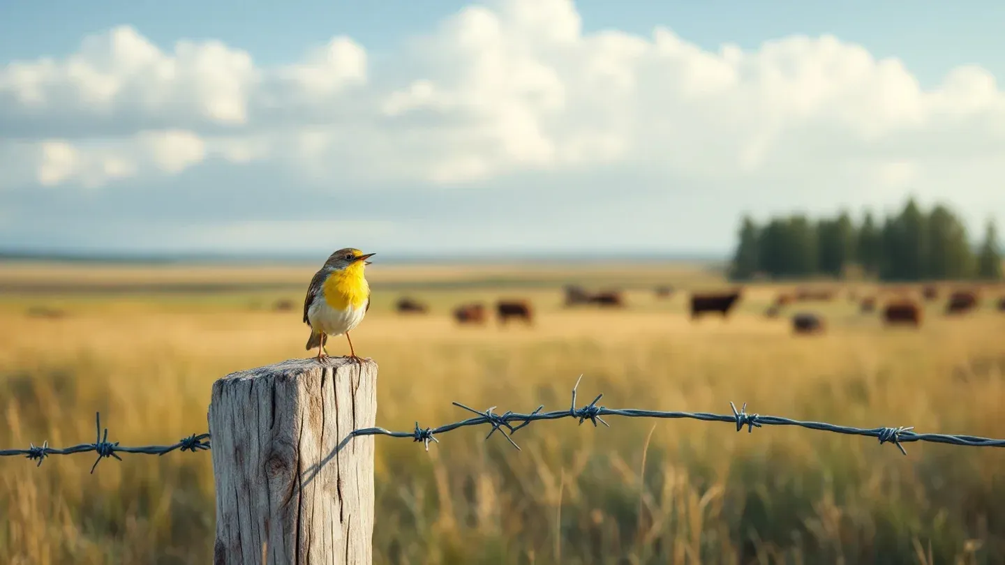 A western meadowlark sings from a weathered wooden fence post above a native grass pasture on a Montana ranch.