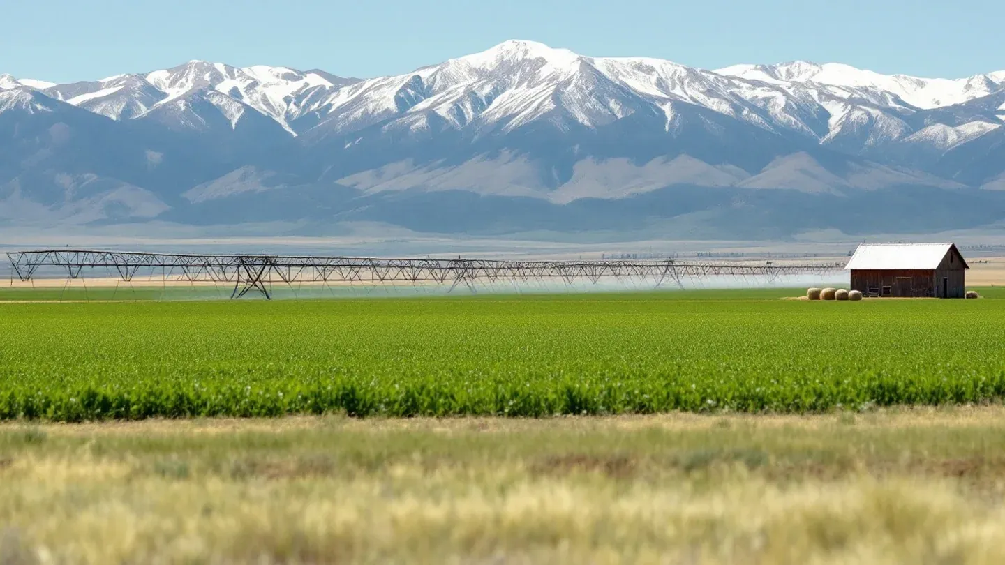 Irrigated hay fields stretch toward the Sangre de Cristo Mountains in Colorado's San Luis Valley in early summer.