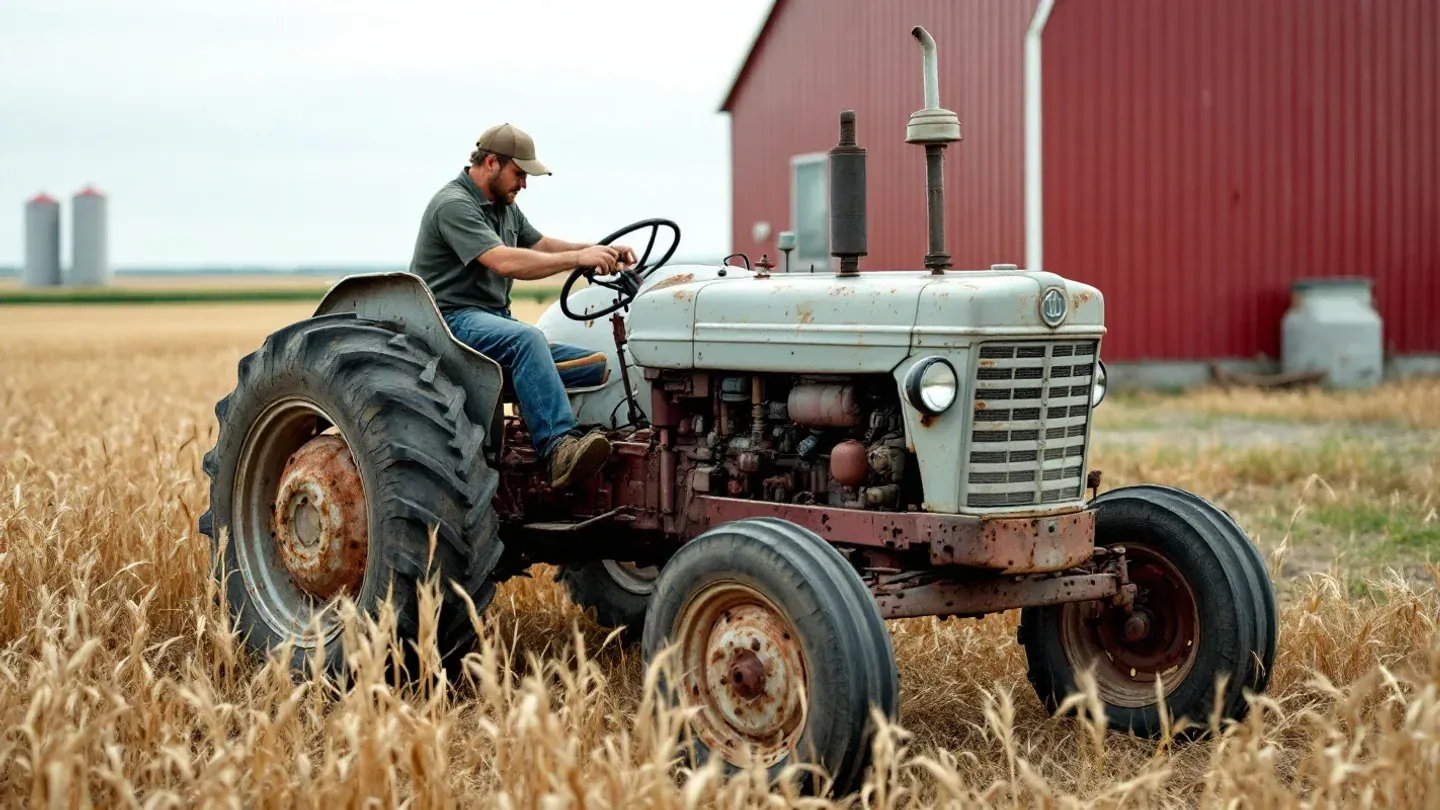 An older unbranded utility tractor stands at the edge of a harvested wheat field on a Nebraska farm, a farmer seen from the side checking the engine oil.