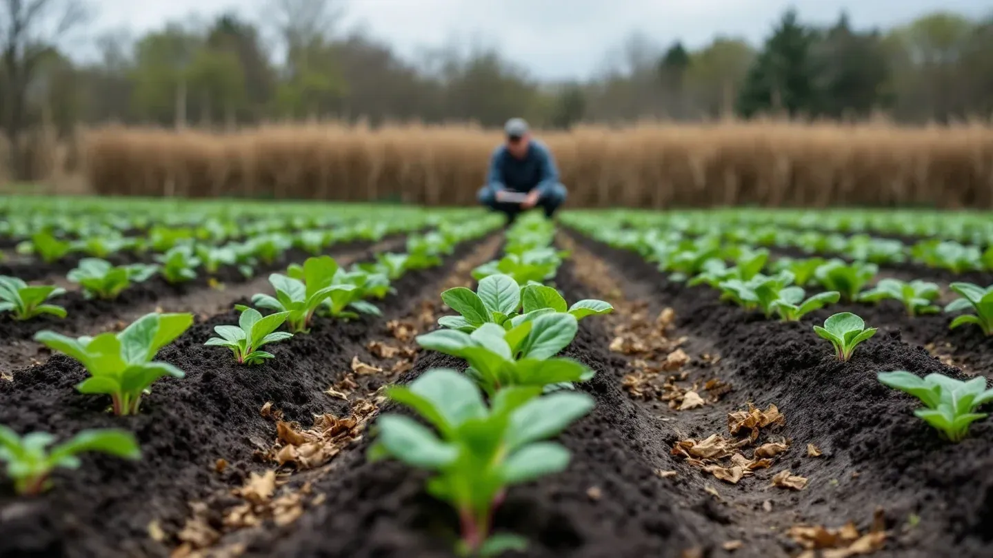 Beds of young spinach and beet seedlings grow in rows on a New Jersey research farm in late spring, with a few small scorched weeds between them.