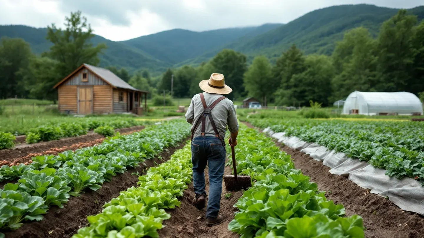 A grower seen from behind pushes a wheel hoe between rows of lettuce and carrots in a small market garden in Vermont.