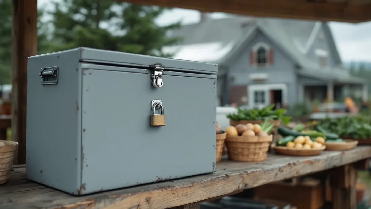 A locked steel honor box is bolted to the wooden counter of a self-serve farm stand in coastal Maine, beside a cooler and baskets of vegetables.