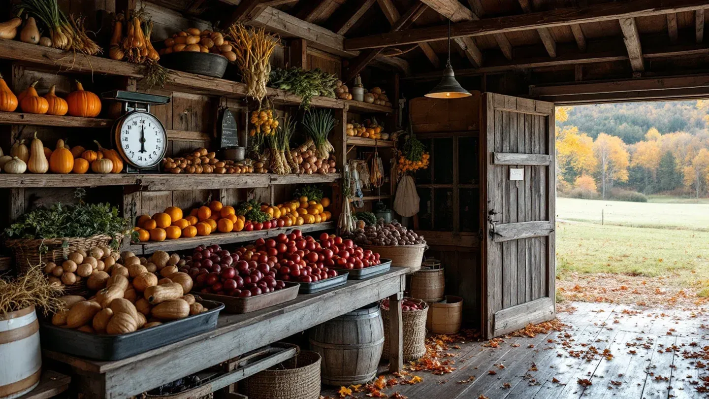 Wooden shelves inside a converted barn hold bins of winter squash, onions and apples for a farm stand in Vermont in October.