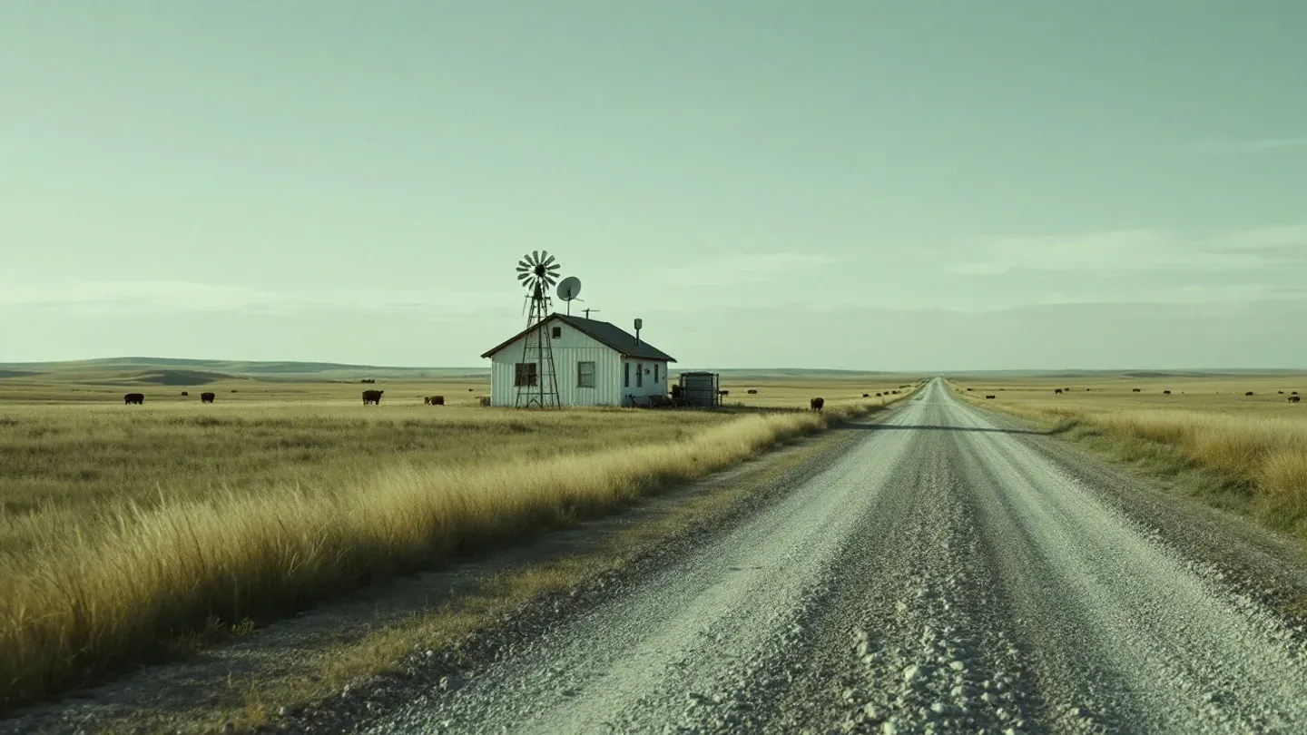 A lone ranch house with a satellite dish on its roof sits among miles of grassland in the Nebraska Sandhills.