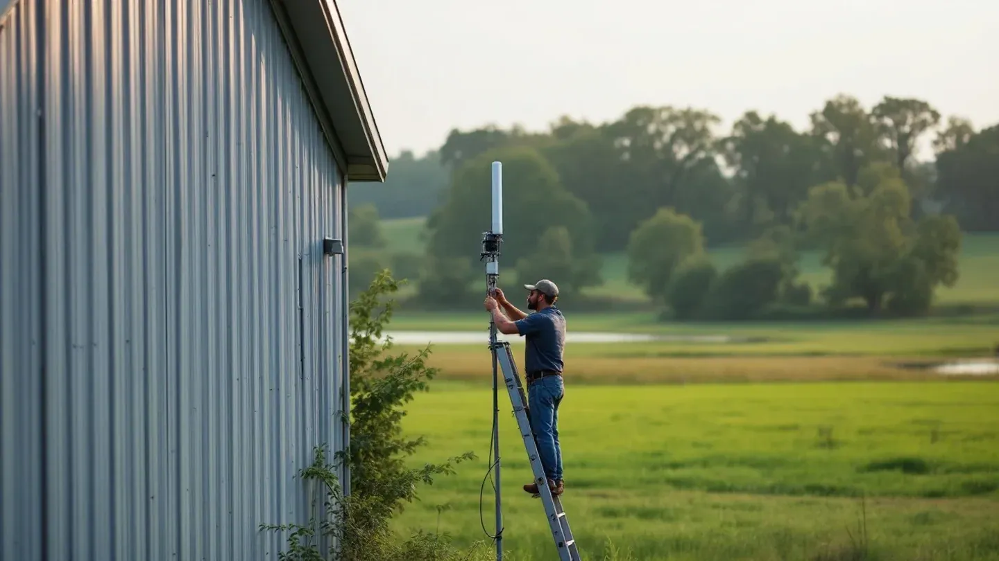 A small cellular signal booster antenna is mounted on the gable of a steel farm shop above a Missouri pasture.