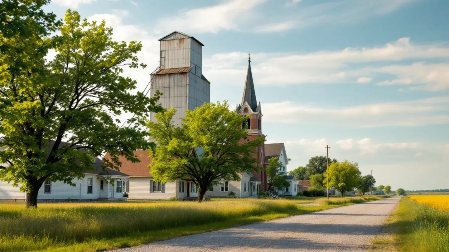 A small southeast Kansas town rises from the prairie with a grain elevator, a water tower and a church steeple above the trees.