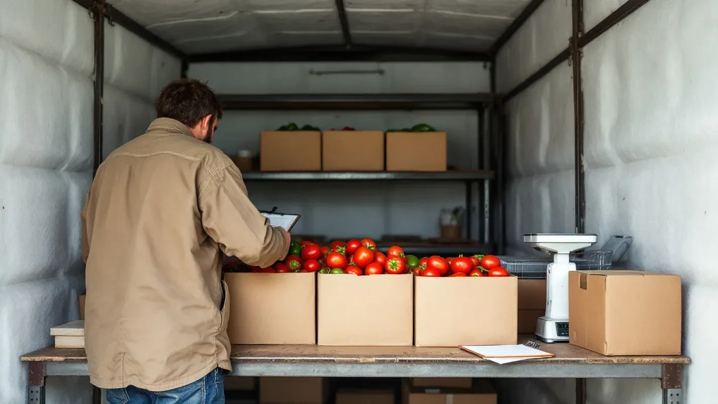 A farmer seen from behind packs tomatoes into plain waxed boxes inside a small walk-in cooler on a Kansas vegetable farm.