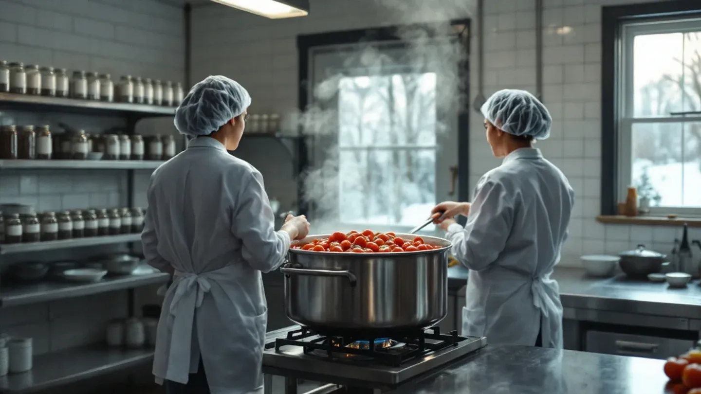 Two people seen from behind look into a stainless steam kettle of red sauce in a small co-packing kitchen in Vermont.