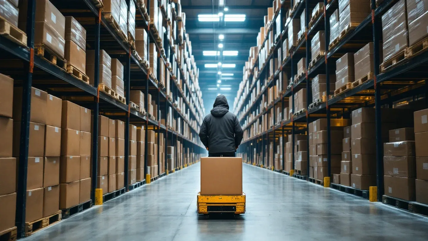 A worker seen from behind moves a pallet of plain brown cases down a tall racked aisle in a regional food distribution warehouse in Minnesota.