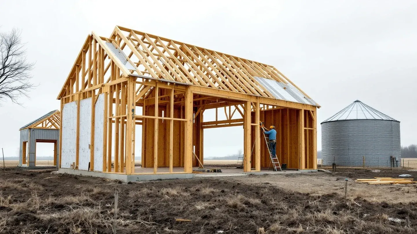 A new wooden pole barn frame rises beside two corrugated steel grain bins on an Iowa farm in early spring.