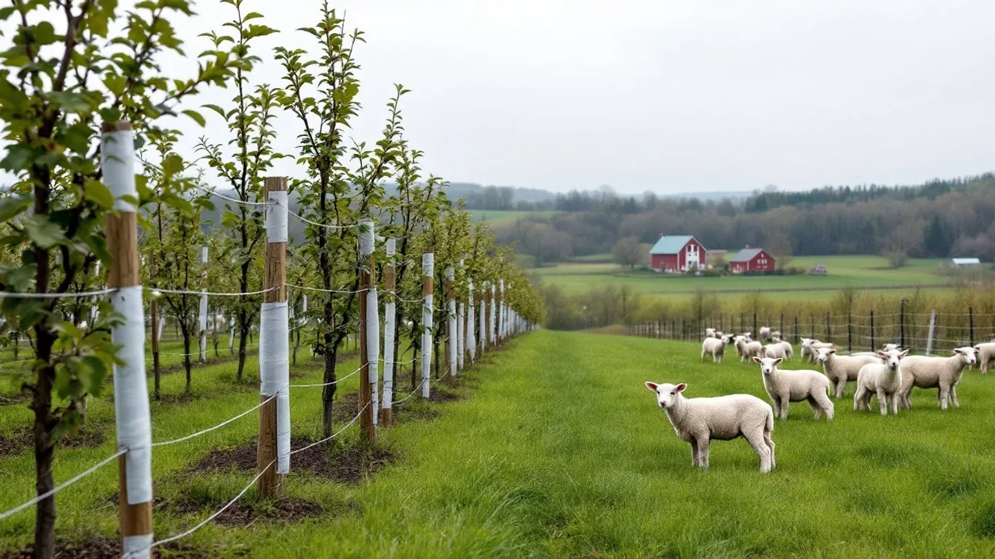 Newly planted apple trees in white tree guards stand in rows beside a small flock of sheep on a Wisconsin farm in spring.