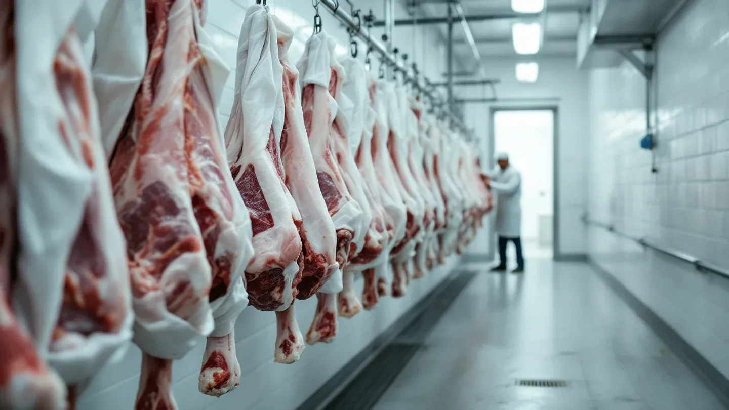 Beef carcass sides hang from steel rails in the chilled cooler of a small Wisconsin meat processor.