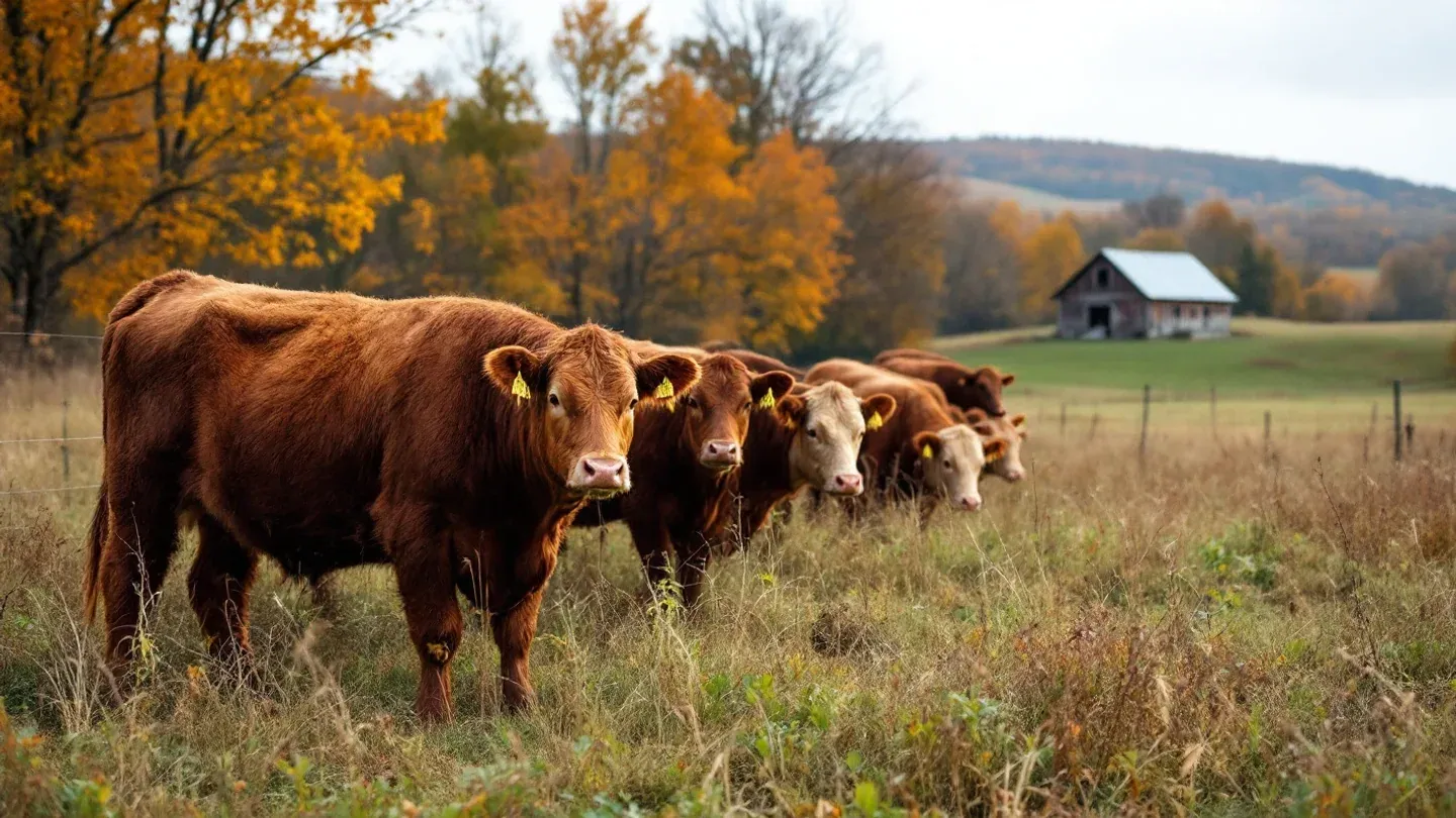 Finished grass-fed steers graze a fall pasture of tall grass on a Missouri farm in late October.