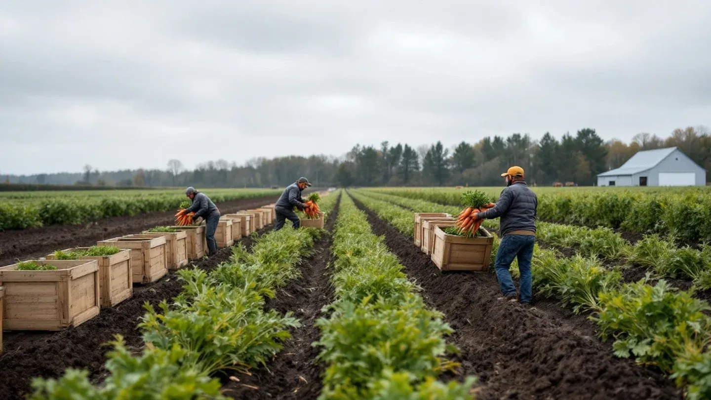 A harvest crew seen from behind lifts carrots into plain crates on a Michigan vegetable farm in early fall.