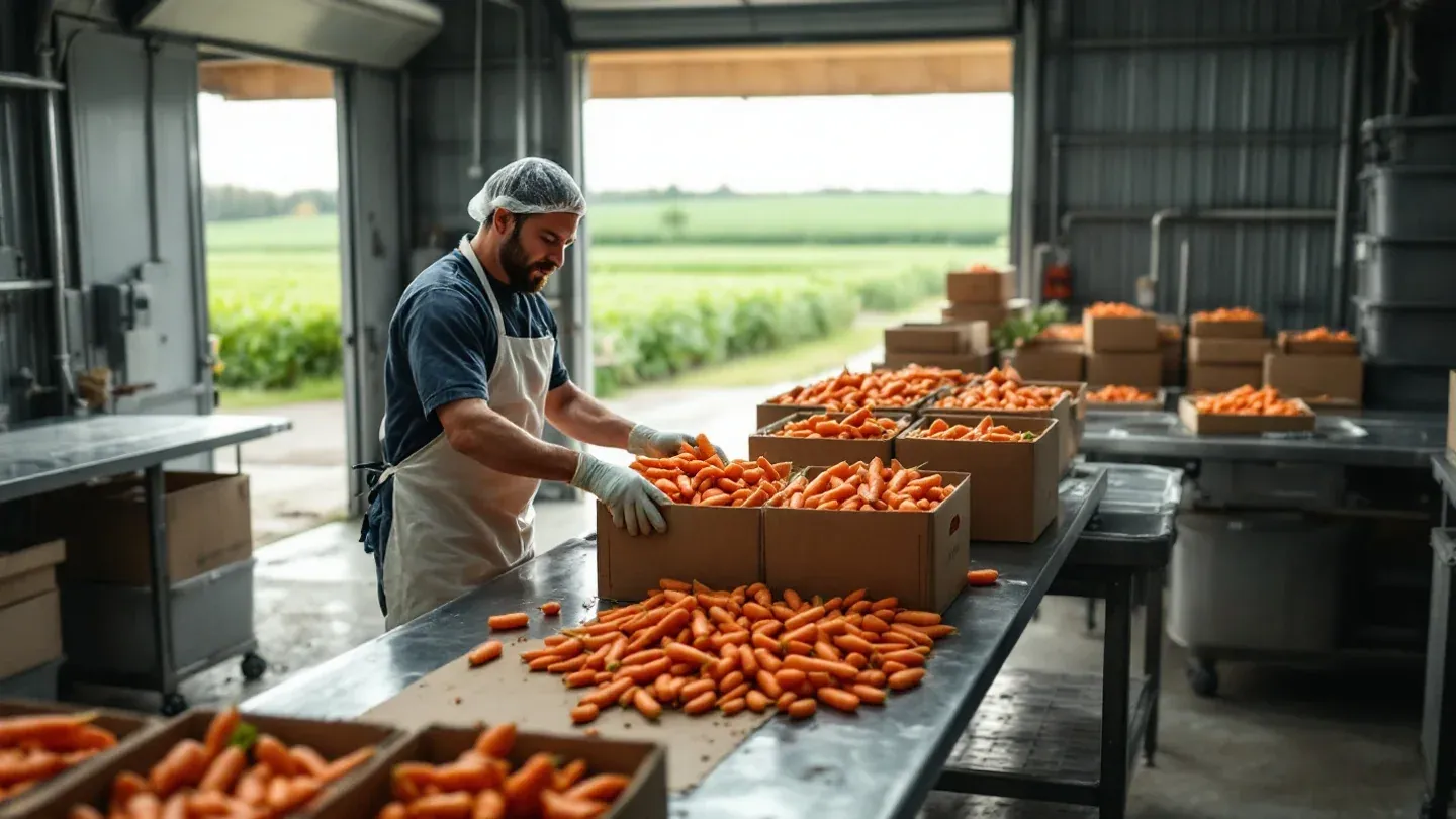 A worker sorts uniform carrots into waxed boxes on a stainless table in a farm wash and pack shed in Minnesota.