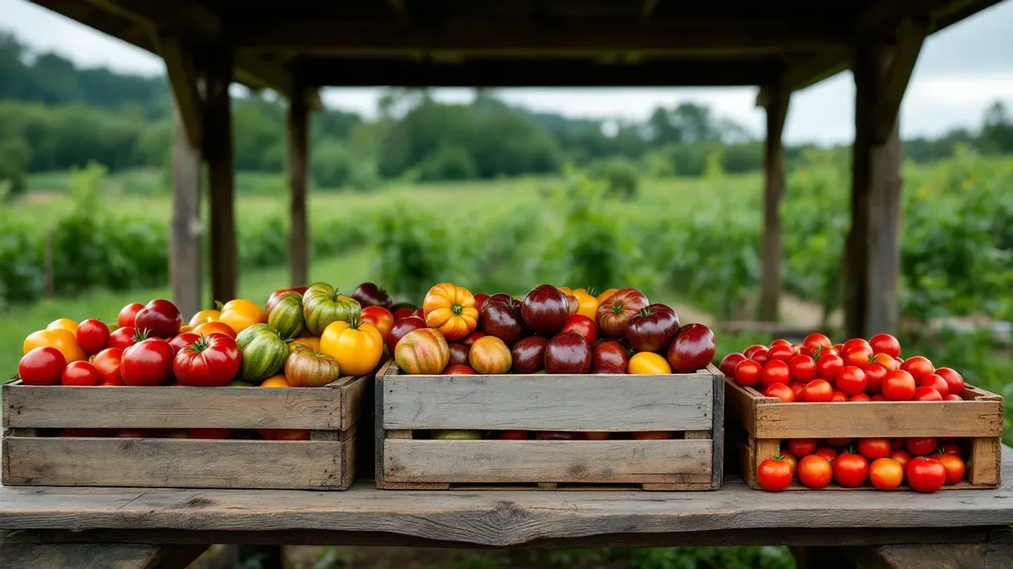 Heirloom tomatoes of many shapes and colors sit in wooden crates on a harvest table at a Hudson Valley farm in late summer.