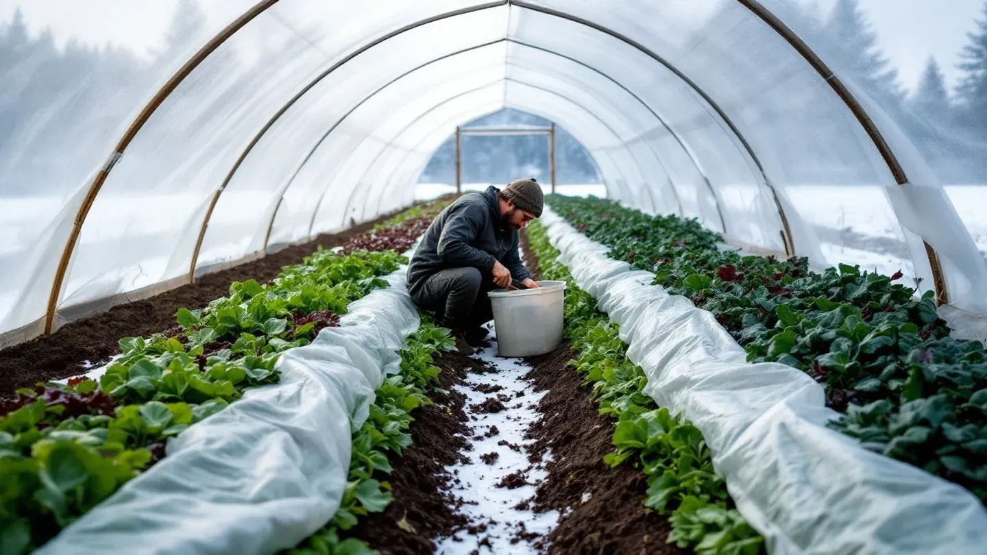 Rows of salad greens and spinach grow inside a high tunnel while snow covers the ground outside on a Maine farm in January.