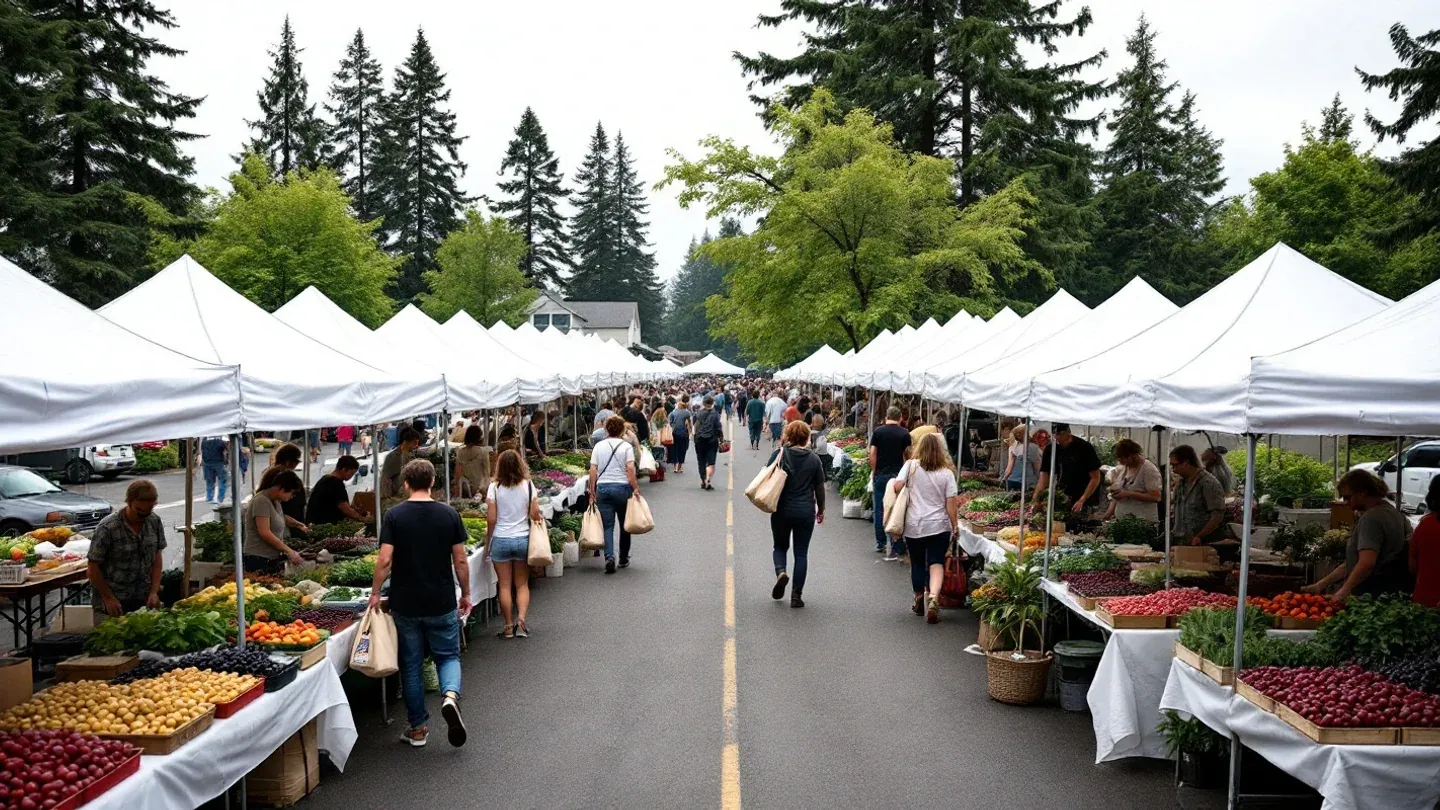 Shoppers seen from behind walk between rows of canopied stalls at a busy Saturday farmers market in a Pacific Northwest town.
