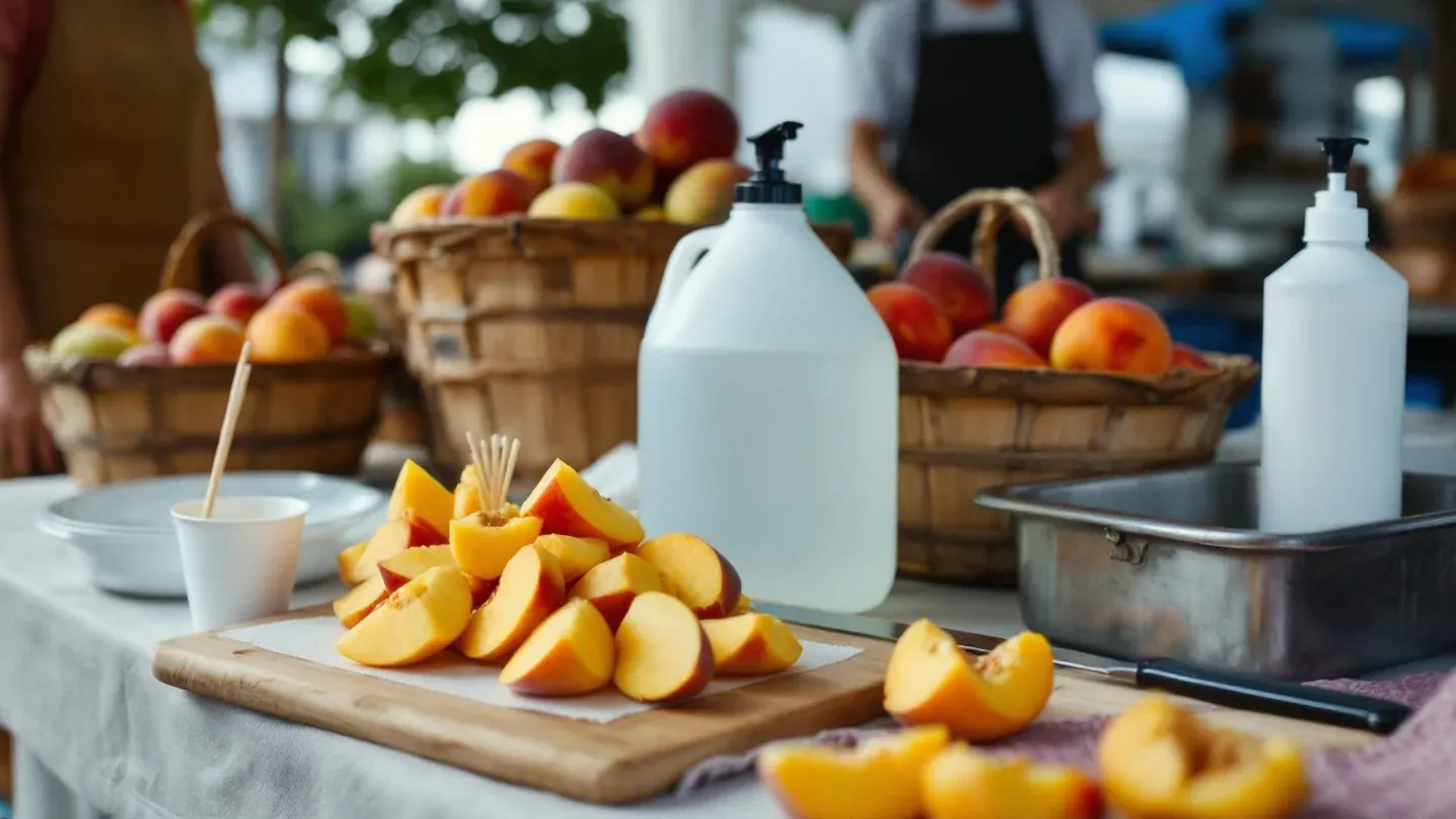 A covered tray of sliced peaches sits beside a hand-washing water jug and basin on a market table in Georgia.