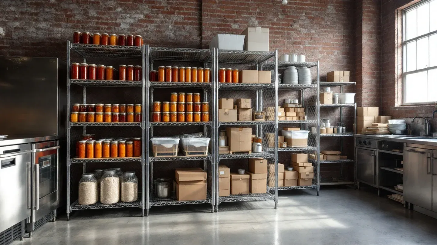 Wire shelves inside a shared kitchen's locked storage cage hold plain jars of preserves and bins of dry ingredients.