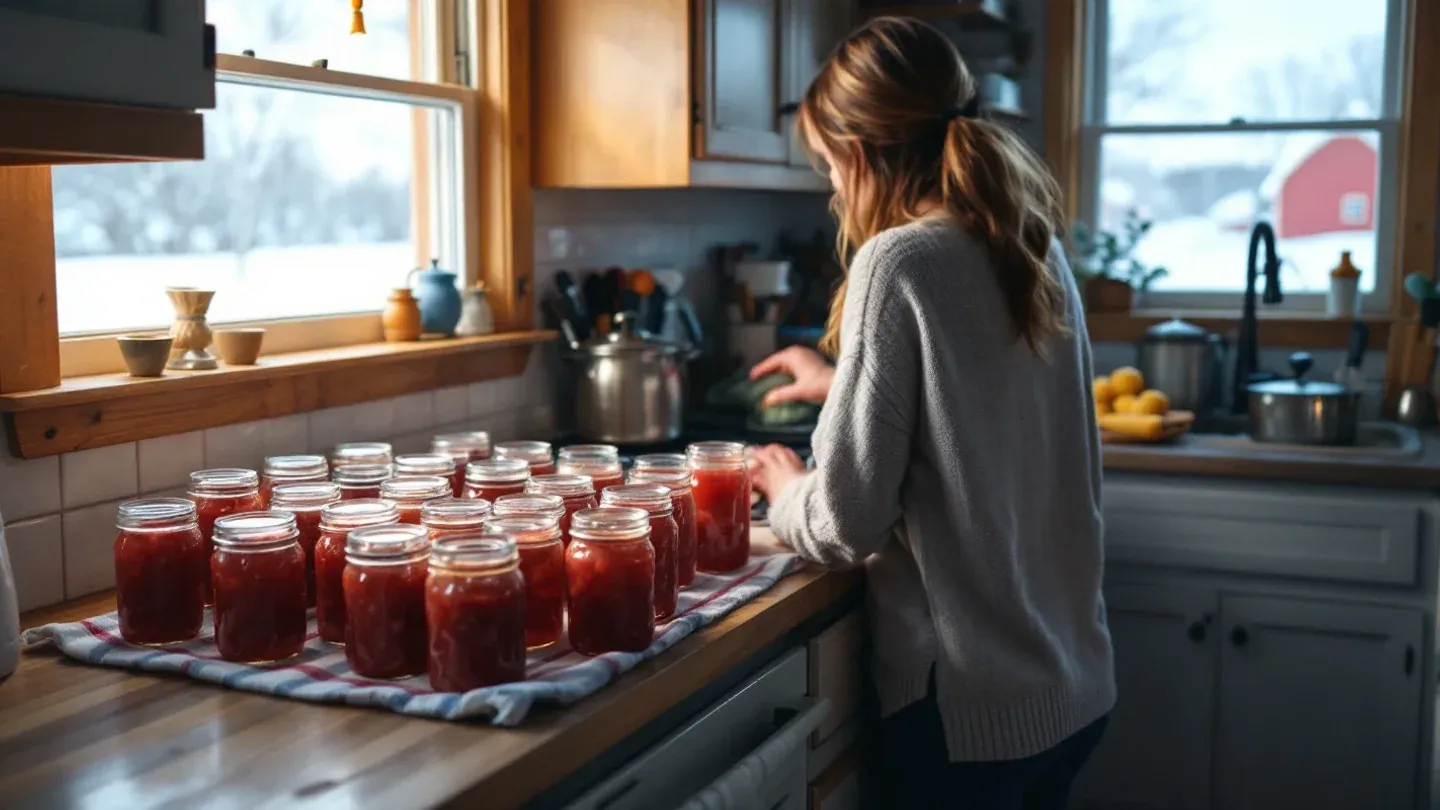 Jars of homemade jam cool on the counter of a farmhouse kitchen in Minnesota while a woman seen from behind wipes down the stove.