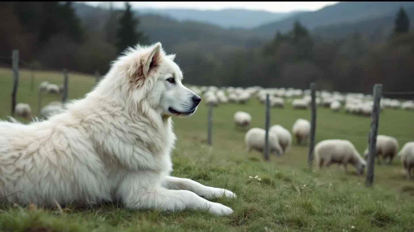 A white Great Pyrenees guardian dog lies among grazing ewes on a hillside pasture in southeastern Ohio, seen in profile looking out over the flock.