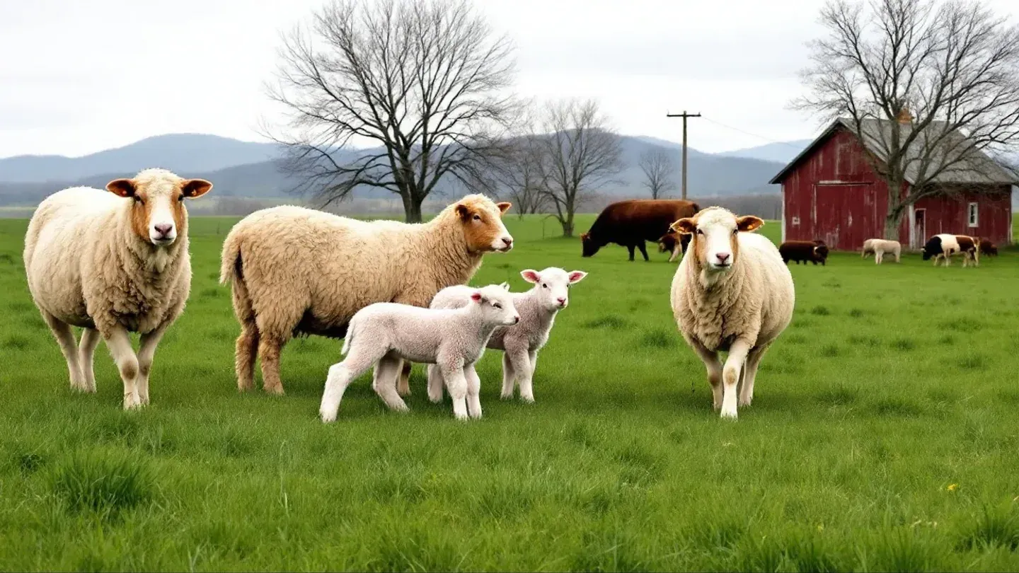 Ewes graze with their young spring lambs on fresh green pasture in Virginia's Shenandoah Valley.
