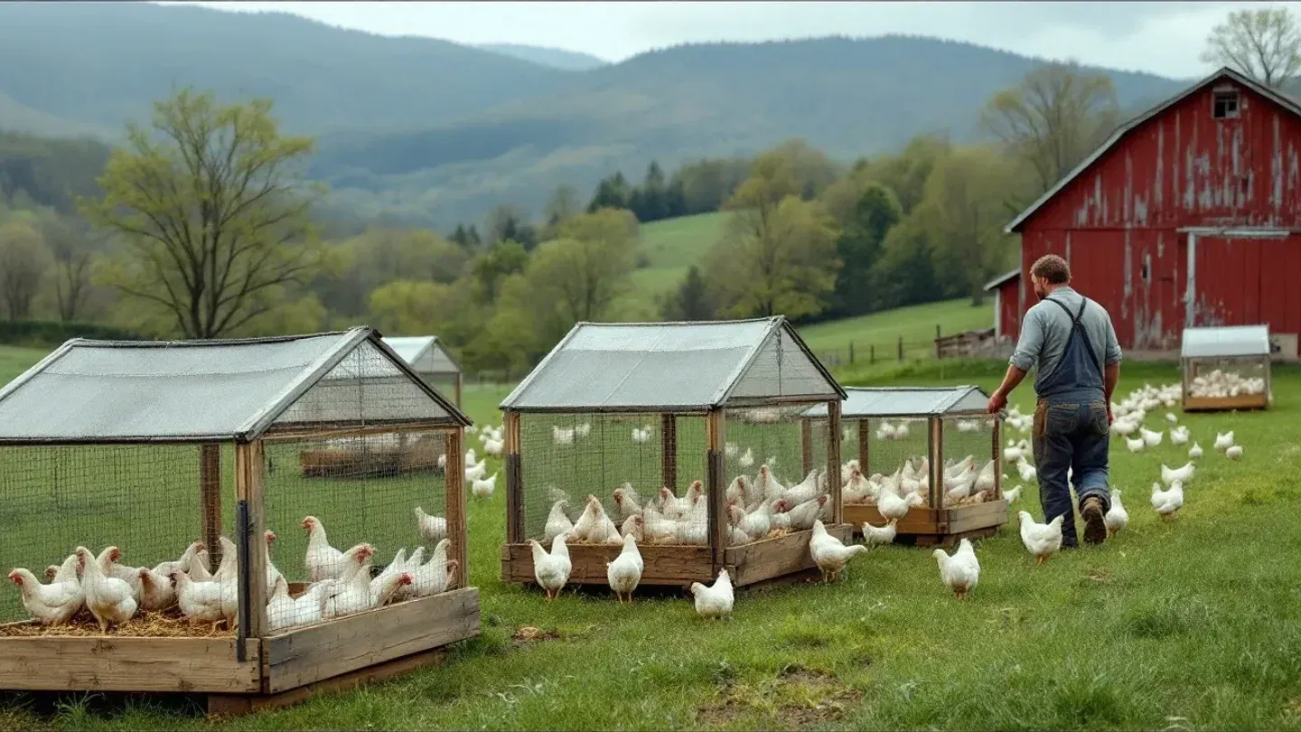 Pastured broiler chickens graze around low movable pens on a green hillside pasture in late spring.