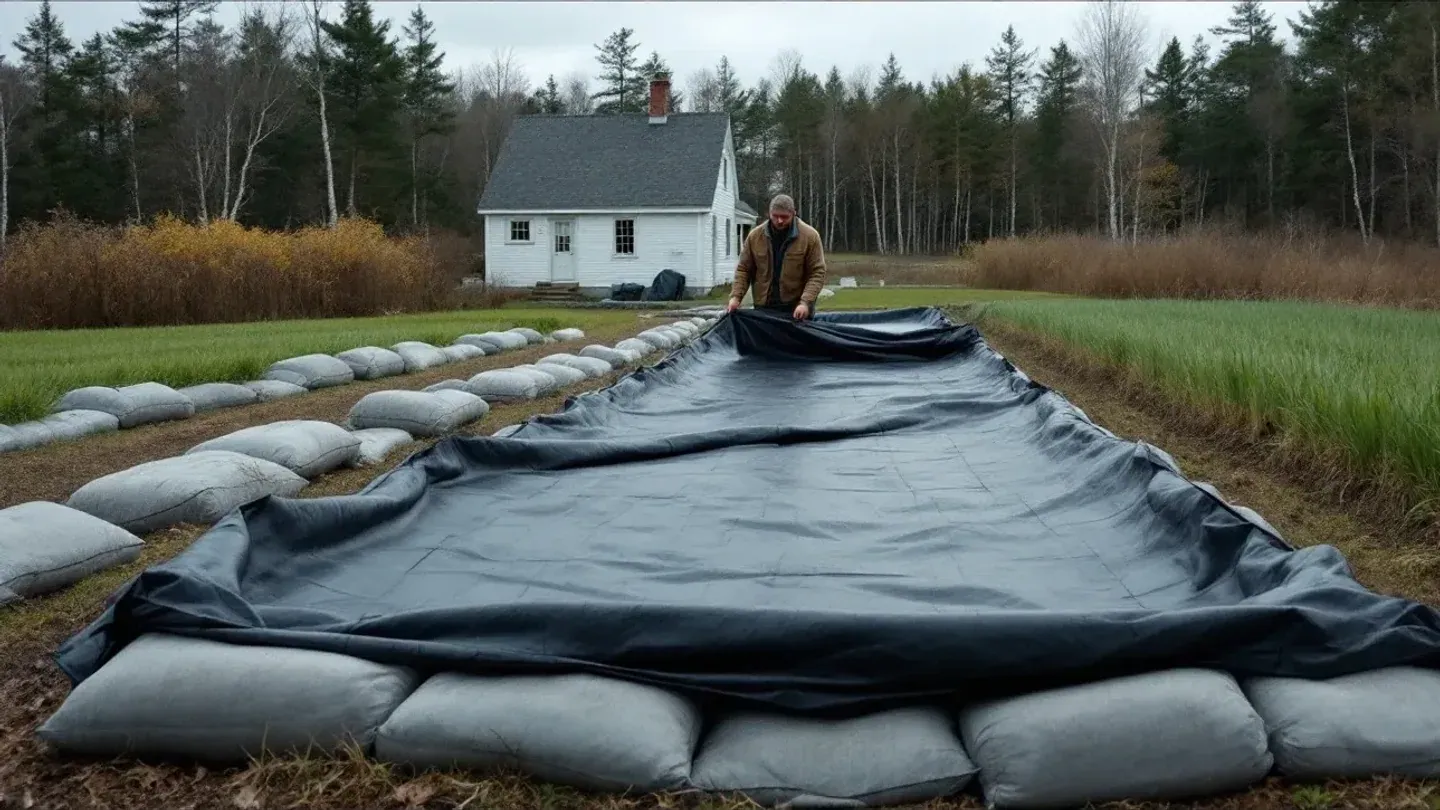 A black silage tarp weighed down with sandbags covers several vegetable beds on a small farm in late fall.