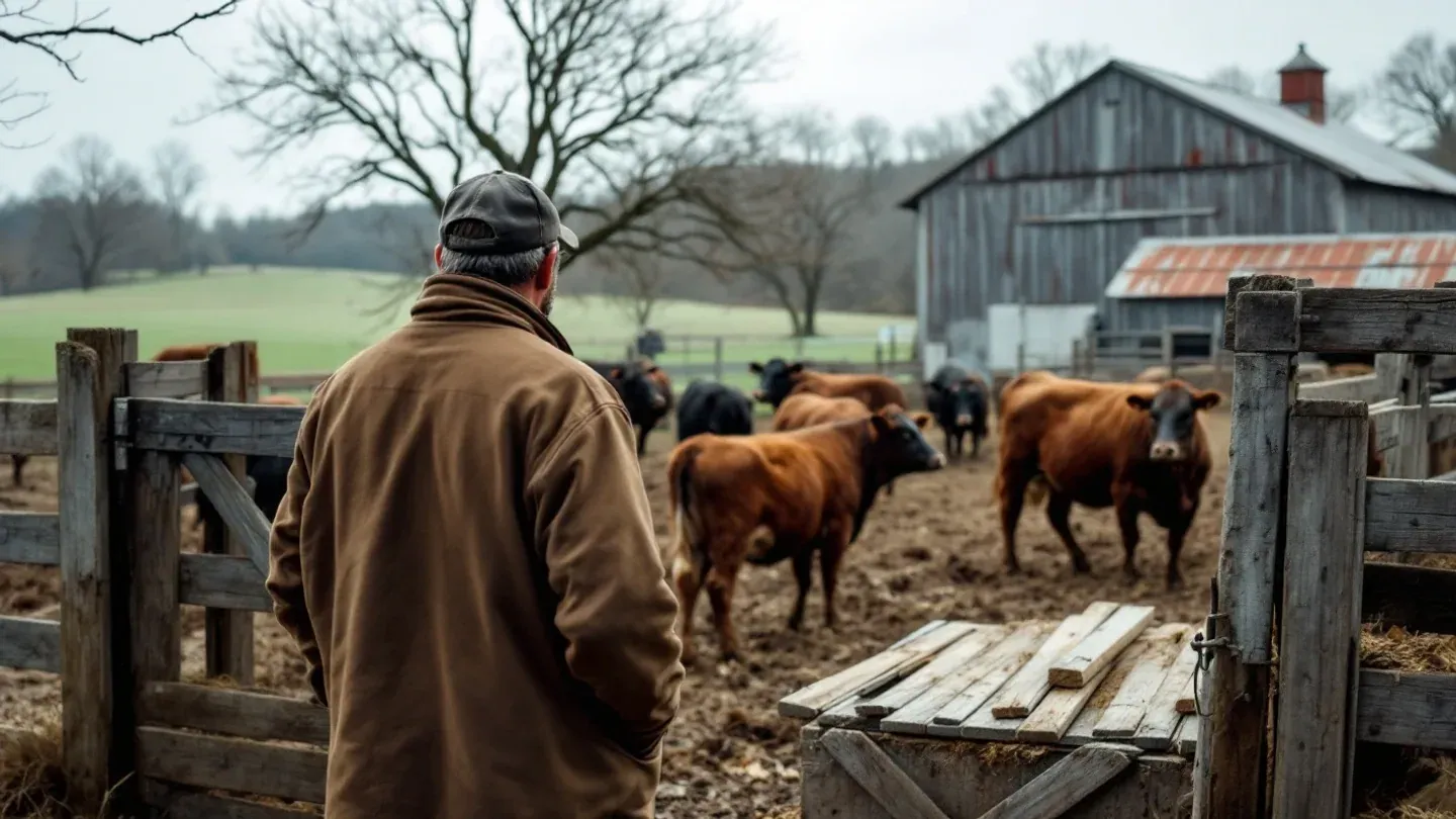 A farmer seen from behind sorts a few red and black steers in a weathered wooden corral on a small farm in early spring.