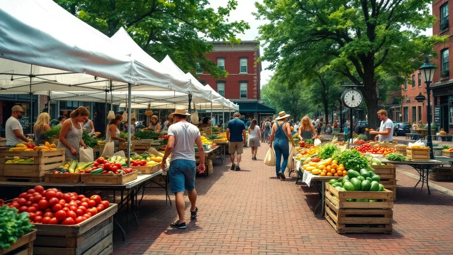 Shoppers seen from behind browse wooden crates of tomatoes, peppers and sweet corn under plain white canopies at a summer farmers market.